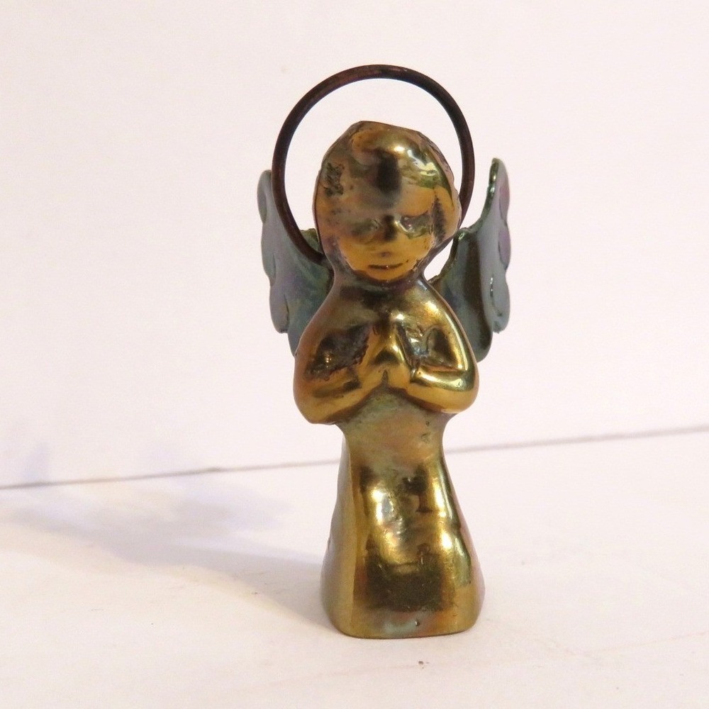Vintage Brass Angel Figurine Praying Cherub Halo Wings Made Mexico Small